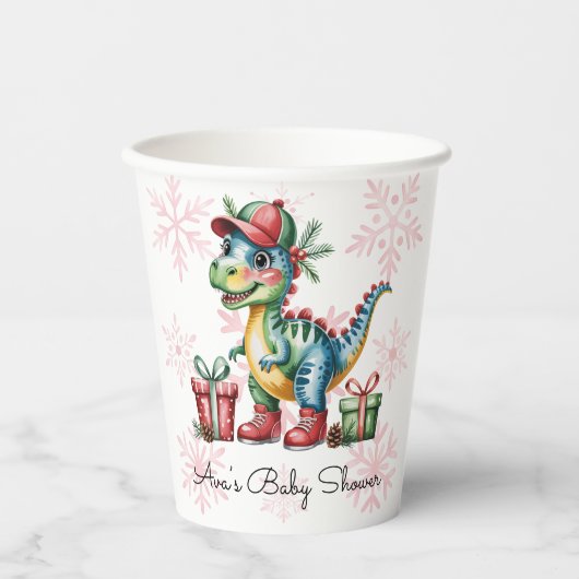 Christmas Blue Dino and Presents Boy Baby Shower Pappbecher (Vorderseite)