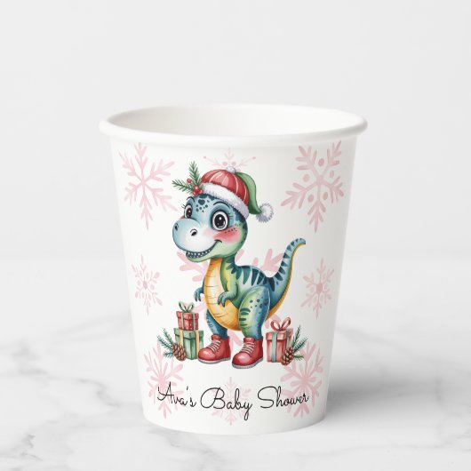 Christmas Blue Dino and Presents Boy Baby Shower Pappbecher (Vorderseite)