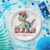 Christmas Blue Dino and Presents Boy Baby Shower Pappteller (Party)