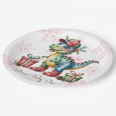 Christmas Blue Dino and Presents Boy Baby Shower Pappteller (Schrägansicht)