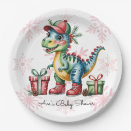 Christmas Blue Dino and Presents Boy Baby Shower Pappteller