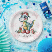 Christmas Blue Dino and Presents Boy Baby Shower Pappteller (Party)