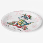 Christmas Blue Dino and Presents Boy Baby Shower Pappteller (Schrägansicht)