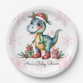 Christmas Blue Dino and Presents Boy Baby Shower Pappteller