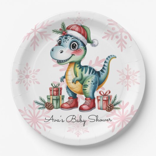 Christmas Blue Dino and Presents Boy Baby Shower Pappteller (Vorderseite)