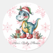 Christmas Blue Dino and Presents Boy Baby Shower Runder Aufkleber (Vorderseite)