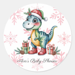 Christmas Blue Dino and Presents Boy Baby Shower Runder Aufkleber