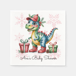 Christmas Blue Dino and Presents Boy Baby Shower Serviette