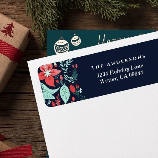 Christmas Blue Elegant Red Holiday Floral Address