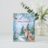 Christmas Blue Fox Landschaft Wasserfarbe Feiertagspostkarte (Stehend Vorderseite)