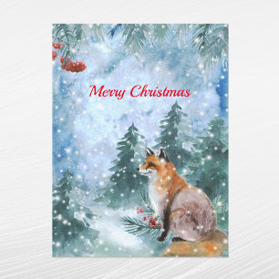 Christmas Blue Fox Landschaft Wasserfarbe Feiertagspostkarte