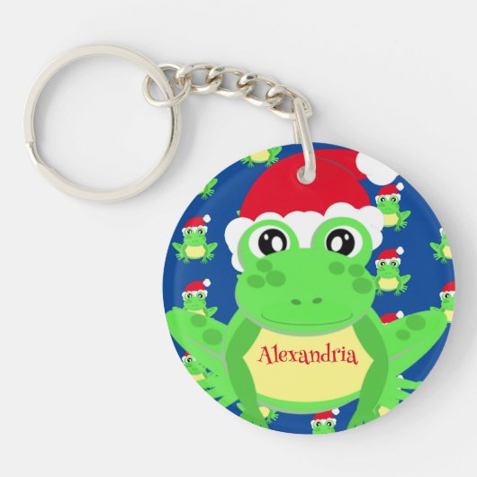 Christmas Blue Frog Weihnachtsmannmütze Pattern No Schlüsselanhänger (Vorderseite)