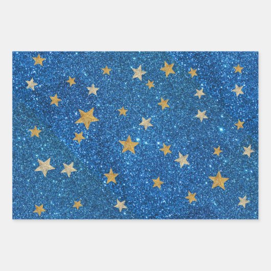 Christmas Blue Glitzer Gold Stars, Blumenstrauß Geschenkpapier Set (Vorderseite)