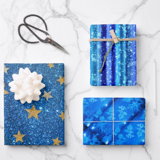 Christmas Blue Glitzer Gold Stars, Blumenstrauß Geschenkpapier Set (Vorderseite)