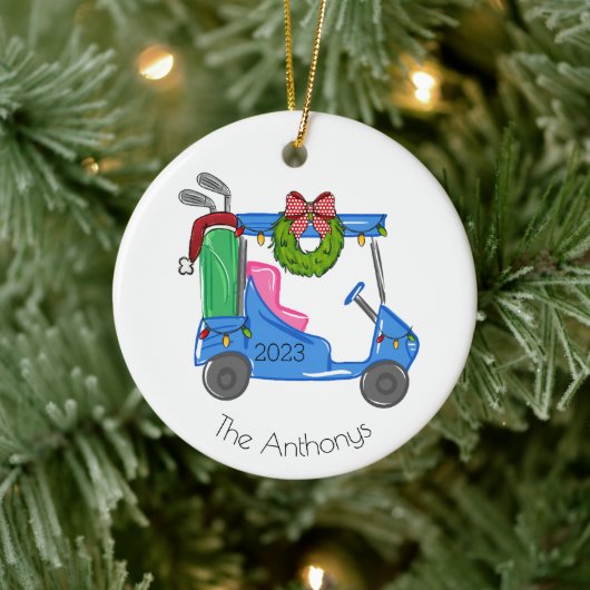 Christmas Blue Golf Cart Personalisiert Preppy Keramik Ornament (Baum)