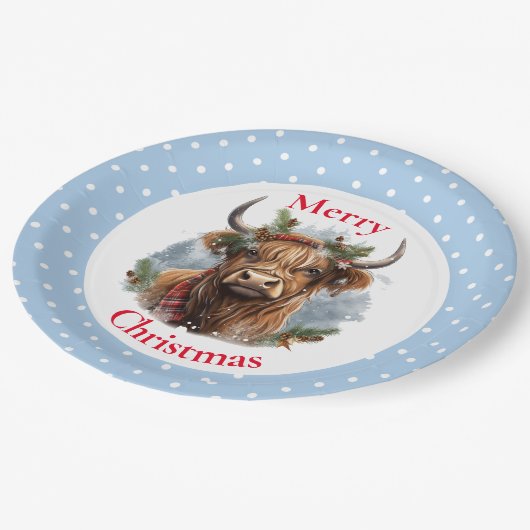 Christmas Blue Highlander Cow Pappteller (Schrägansicht)