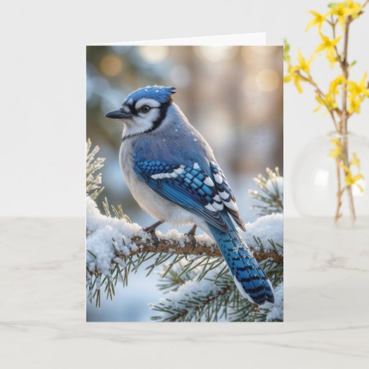 Christmas Blue Jay On a Snowy Pine  Karte (Gelbe Blume)