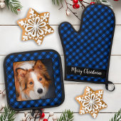 Christmas Blue Karierte Personalisierte Haustier H Ofenhandschuh & Topflappen-Set