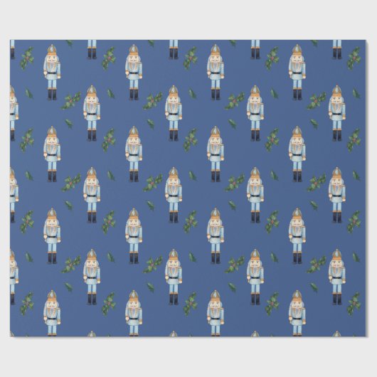 Christmas Blue Nutcracker und Holly Berry Branches Geschenkpapier (Flach)
