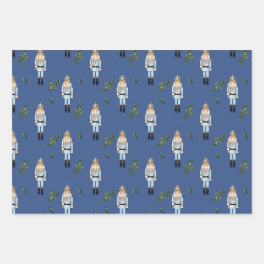 Christmas Blue Nutcracker und Holly Berry Branches Geschenkpapier Set (Vorderseite 3)