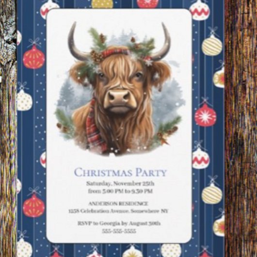 Christmas Blue Party Baubles Highlander Cow Einladung