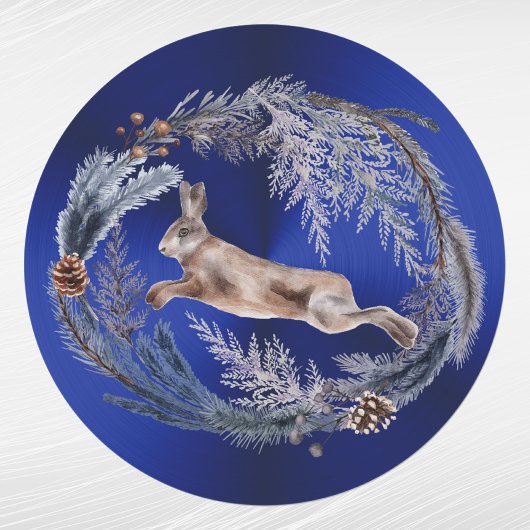 Christmas Blue Rabbit Floral Watercolor Runder Aufkleber