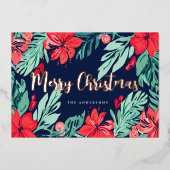Christmas Blue Red Botanical Elegante Folien Feiertagskarte (Vorderseite)