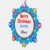 Christmas Blue Red Gold Snowflakes Boy NAME Ornament Karte (Linke Ecke)