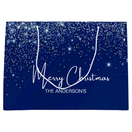 Christmas blue silver white glitter family name große geschenktüte (Vorderseite)