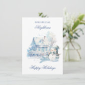 Christmas Blue Snowman House Nachbarn Feiertagskarte (Stehend Vorderseite)