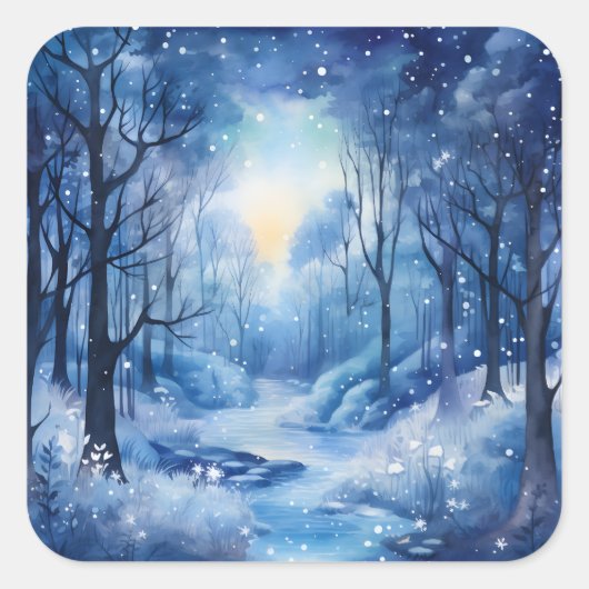 Christmas Blue Trees Woods River Snowy Scene Quadratischer Aufkleber (Vorderseite)