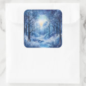 Christmas Blue Trees Woods River Snowy Scene Quadratischer Aufkleber (Tasche)