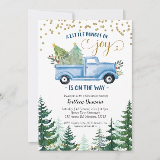 Christmas Blue Truck Baby Bundle of Joy Einladung (Vorderseite)