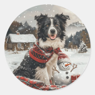 Christmas Border Collie Dog Snowman Runder Aufkleber