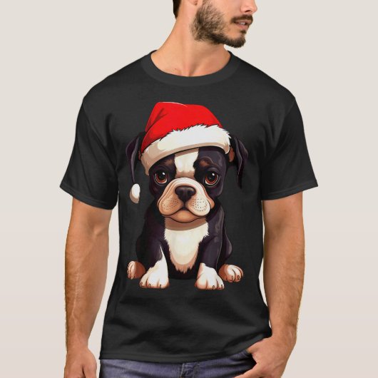 Christmas Boston Terrier Dog Santa Hat Funny Xmas T-Shirt (Vorderseite)
