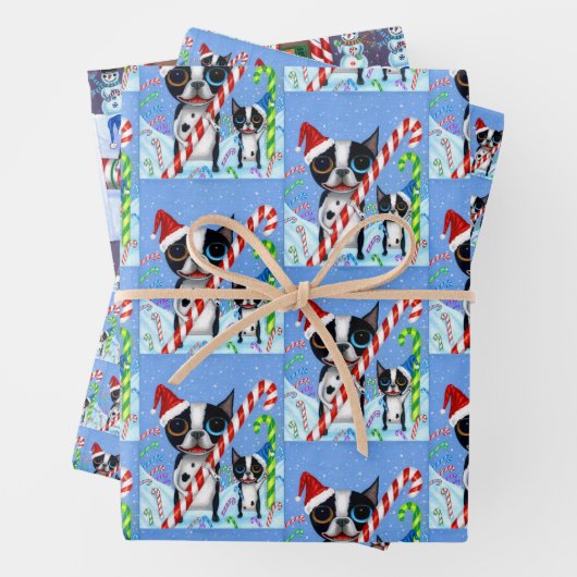 Christmas Boston Terrier Dogs Candy Cane Weihnacht Geschenkpapier Set (Beispiel)