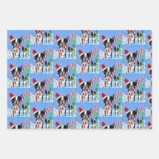Christmas Boston Terrier Dogs Candy Cane Weihnacht Geschenkpapier Set (Vorderseite)