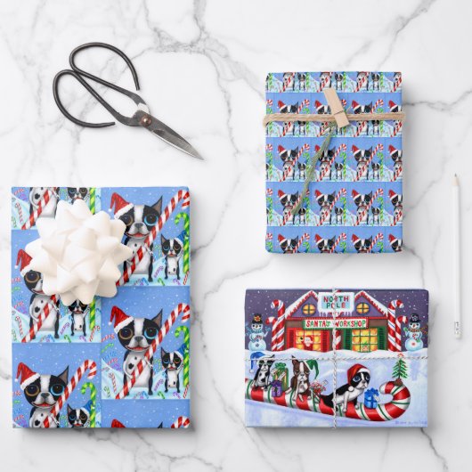 Christmas Boston Terrier Dogs Candy Cane Weihnacht Geschenkpapier Set (Vorderseite)