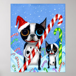 Christmas Boston Terrier Dogs Candy Cane Weihnacht Poster