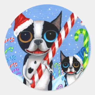 Christmas Boston Terrier Dogs Candy Cane Weihnacht Runder Aufkleber