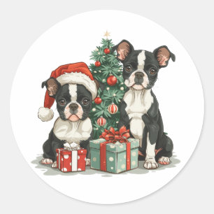 Christmas Boston Terrier Dogs Runder Aufkleber