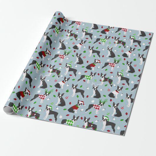 Christmas Boston Terrier Geschenkpapier (Ungerollt)