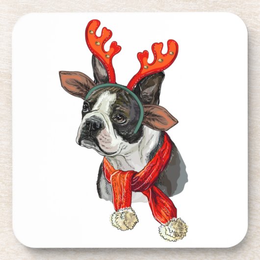Christmas Boston Terrier Hund Throw Kissen Getränkeuntersetzer (Vorderseite)
