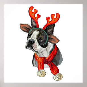 Christmas Boston Terrier Hund Throw Kissen Poster