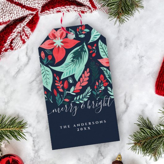 Christmas Botanical Red Floral Blue Holiday Geschenkanhänger