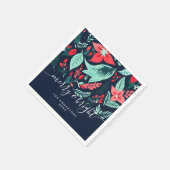 Christmas Botanical Red Floral Blue Holiday Party Serviette (Ecke)