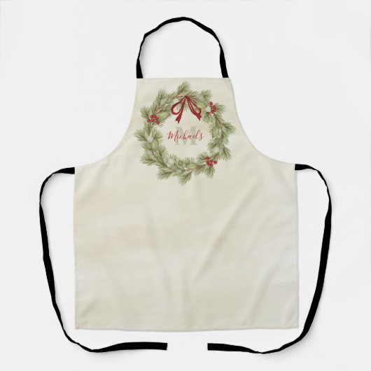 Christmas Botanical Wreath Red Holly Monogram Schürze (Vorderseite)