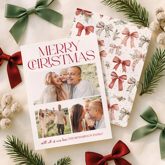 Christmas Bow Three Photo Feiertagskarte
