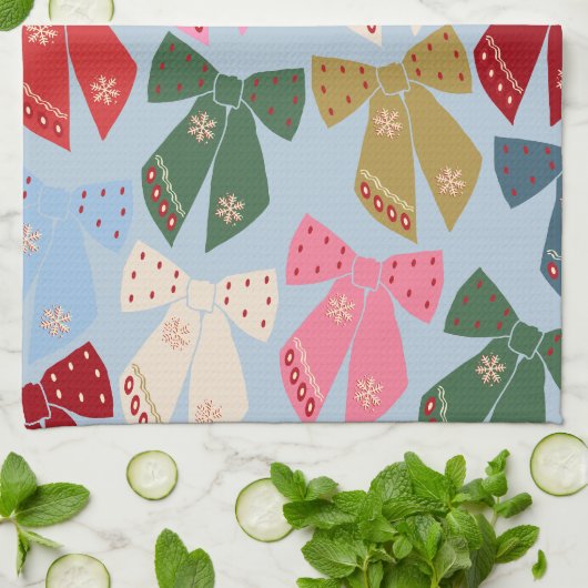 Christmas Bows Coquette Blue Geschirrtuch (Gefaltet)