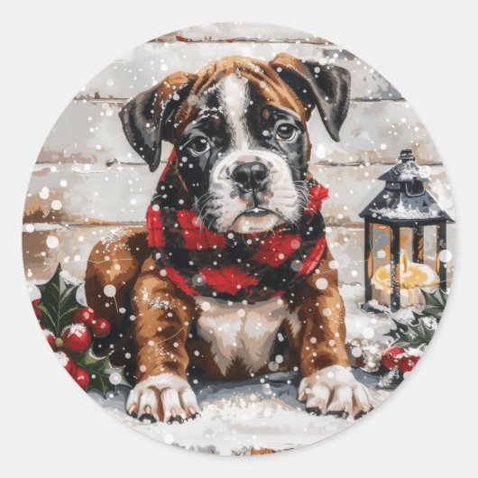Christmas Boxer Puppy Runder Aufkleber (Vorderseite)